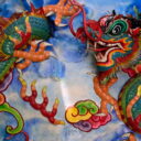 A dragon decoration on a wall of a Chinese temple in Chinatown