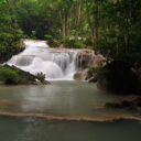 Waterfall at Erawan National Park in Kanchanaburi. Visit it on our Erawan waterfall tour from Bangkok.