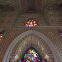 An image of King Rama V of Chakri Dynasty on the stained glass window at Wat Niwet Thammaprawat