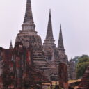 Temple ruin with three giant pagodas at Wat Phra Sri Sanphet in Ayutthaya. Visit this magnificent temple ruin on our private tour to Ayutthaya from Bangkok.